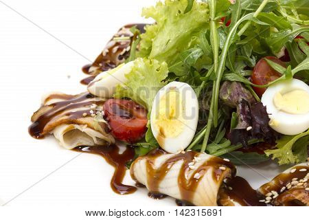 salad of green vegetables and meat, fish eel restaurant