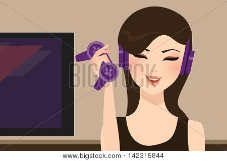 girl gamer holding joy stick wearing head set vector