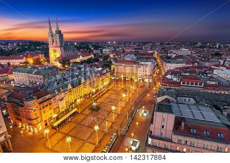 Zagreb Croatia at Night. Aerial View from above of Ban Jelacic Square
