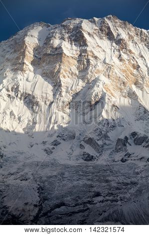 South face of Annapurna I from Annapurna Base Camp in morning light Annapurna Sanctuary Kaski District Nepal.