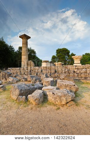 Remains of Temple of Zeus in the archaeological site of Ancient Olympia.