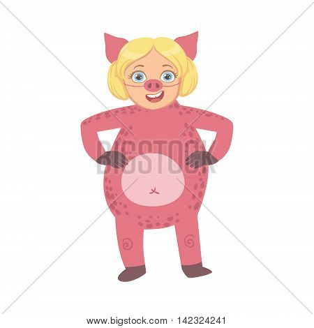 Girl Wearing Pig Animal Costume Simple Design Illustration In Cute Fun Cartoon Style Isolated On White Background