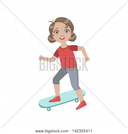 Boyish Girl Sketeboarding Simple Design Illustration In Cute Fun Cartoon Style Isolated On White Background