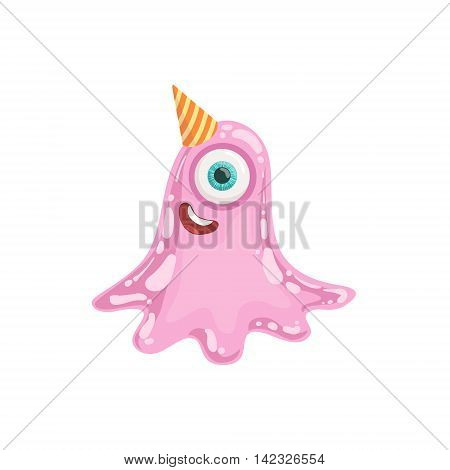 Jelly Pink Friendly Monster In Party Hat Cute Childish Sticker. Flat Cartoon Colorful Alien Character With Party Attributes Isolated On White Background.