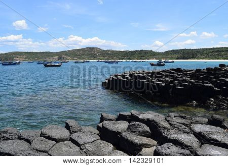 Vietnamese Natural Heritage Ganh Da Dia Sea With Fishing Boats