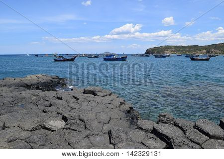 Vietnamese Natural Heritage Ganh Da Dia Sea With Fishing Boats