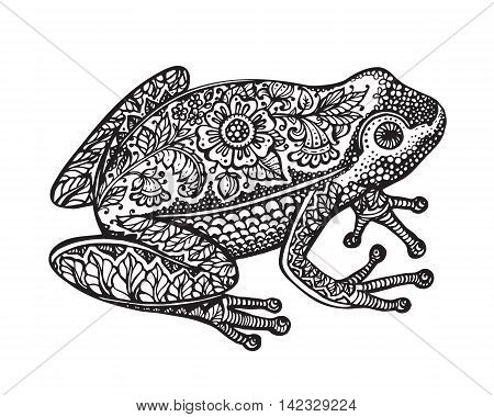 Black and white hand drawn ornate doodle frog in graphic style isolated on white background. Vector illustration with floral decorative ornament
