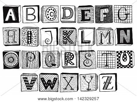 Hand drawn fancy alphabet on blocks, funny doodle letters. Vector set of Black and white letters, frames with different textures