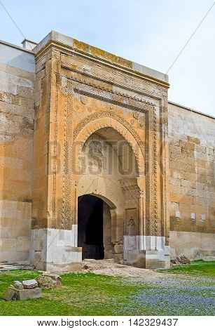 The carved stone gate of Agzikarahan Caravan Saray notable landmarks of Seljuk times located next to Aksaray in Agzikarahan village Cappadocia Turkey.