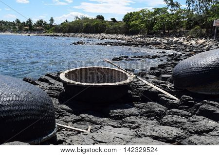 Vietnamese natural heritage Ganh Da Dia sea with fishing boats in Tuy Hoa Phu Yen