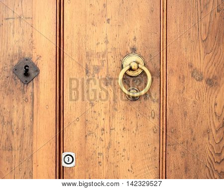 fragment ofold door with door handle of yellow metal