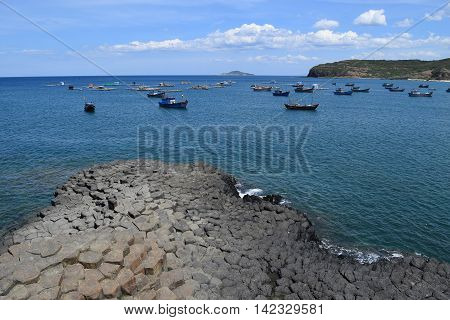 Vietnamese Natural Heritage Ganh Da Dia Sea With Fishing Boats