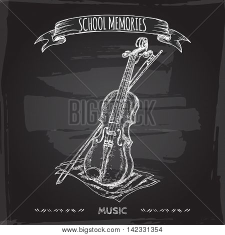 Vintage violin hand drawn sketch placed on blackboard background. School memories collection. Great for school, art education, music shop, retro design.