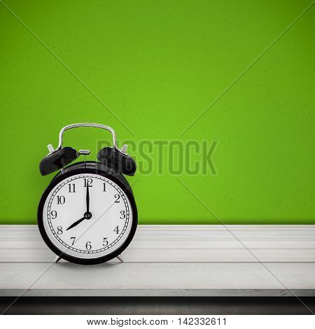 Vintage alarm clock on wood table desk over cement wall painted green color background ( alarm clock show 8 o`clock )