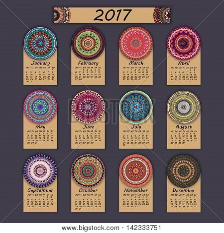 Calendar 2017. Vintage Decorative Colorful Elements. Ornamental Floral Oriental Pattern, Vector Illu