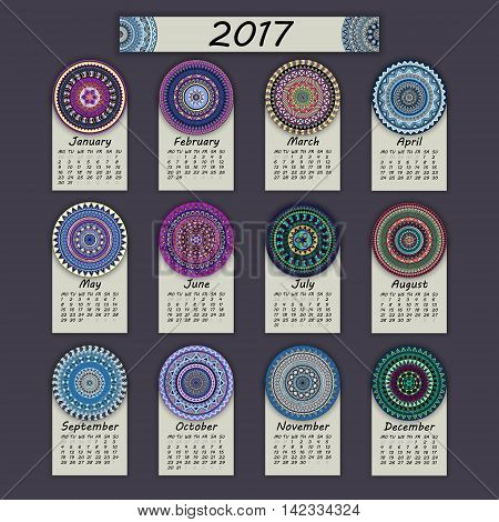Calendar 2017. Vintage Decorative Colorful Elements. Ornamental Floral Oriental Pattern, Vector Illu
