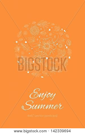 Orange Spring or Summer Leaves and Flowers Design Template. 4x6 inches postcard design mockup. Colorful Spring Romantic Postcard.