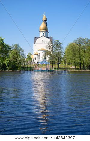 View on the old Church of the apostles Peter and Paul on the lake Sestroretsky Razliv, sunny may day. Russia