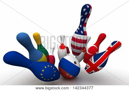 Geopolitics as a bowling game. Bowling Ball in colors of the flag of the Russian Federation breaks the skittles with a picture of the flags of other countries. Geopolitical confrontation concept. Isolated. 3D Illustration