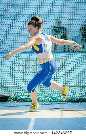 HARKUSHA Darya from Ukraine during discus throw competition at the European Athletics Youth Championships in the Athletics Stadium Tbilisi Georgia 14 July 2016