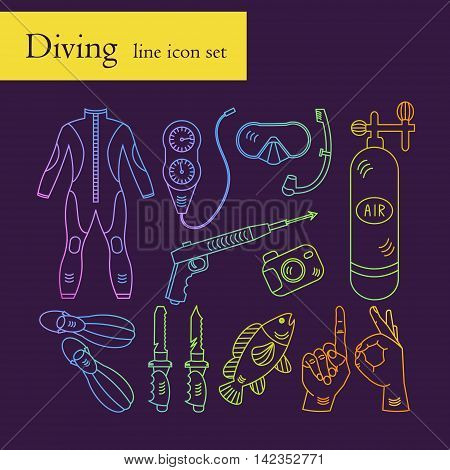 Vector line color rainbow icons with diving equipment. Linear icons of scuba, oxygen balloon, diver knife, harpoon, spear gun, gauge, camera.