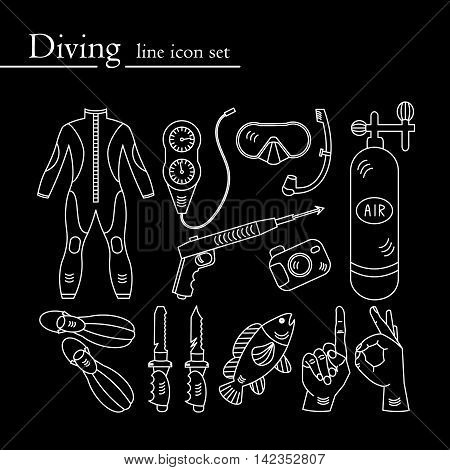 Vector line icons with diving equipment. Linear icons of scuba, oxygen balloon, diver knife, harpoon, spear gun, gauge, camera.