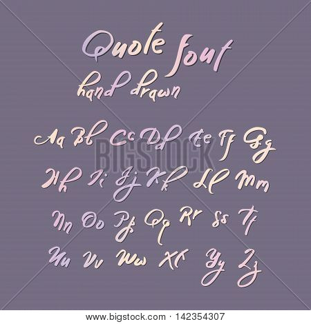 Hand drawn modern script, quote font. Handwritten alphabet for quotes and lettering. Tender color letters on a blue background.