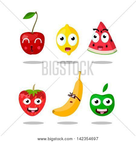 Funny fruit characters cartoon. Fruit set. Cherry, lemon, watermelon, strawberry, banana, apple.