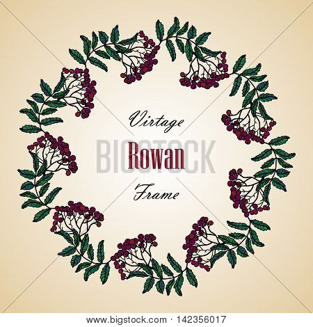 Frame - wreath. Rowan berries and leaves. Vector vintage frame on a tender background. Round frame of red fall park berries - rowan.