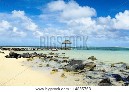 Beautiful tropical rocky beach, Bel Ombre, Mauritius island