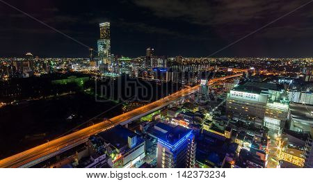 Osaka, Japan - March 11, 2016: Tennoji on March 11, 2016. The Beautiful night lights of Tennoji area taken from aerial view.