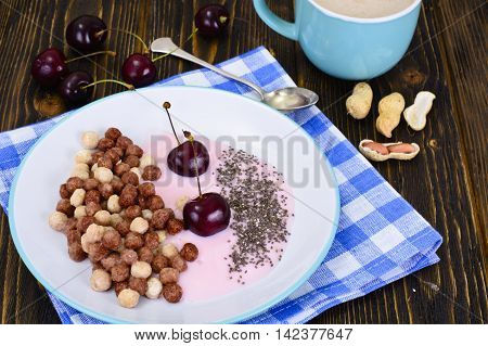 Protein Chocolate Beakfast with Chia Seeds and Peanuts Studio Photo