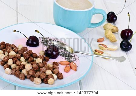 Protein Chocolate Beakfast with Chia Seeds and Peanuts Studio Photo