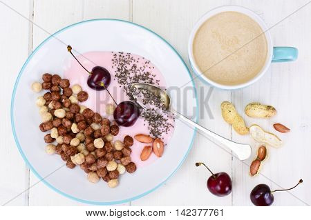 Protein Chocolate Beakfast with Chia Seeds and Peanuts Studio Photo