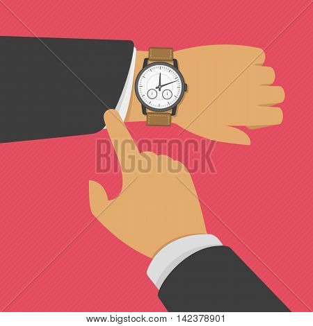 Man with clock checks the time. Vector illustration of wristwatch on the hand of businessman in suit. Business concept of checking time, deadline, time limit.
