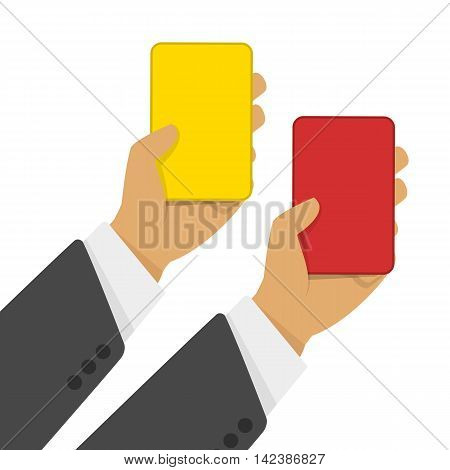 Hand of businessman showing yellow card and red card. Vector illustration of Soccer referees hand with red and yellow card.