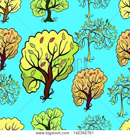 Seamless Pattern Bush And Trees, An Apple Tree. Vector Illyustration