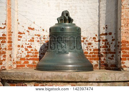 PERESLAVL, RUSSIA - JULY 15, 2016: The bell of assumption Cathedral with the image of the virgin Mary with the Christ child. Uspensky (Dormition) Goritsky monastery Pereslavl Zalessky. Historical landmark of the  Golden ring of Russia