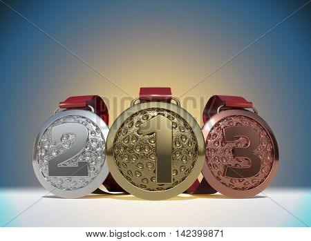 3D rendering Set of Golden Silver and Bronze Medal with Ribbons in blue tone gradient background with clipping paths.