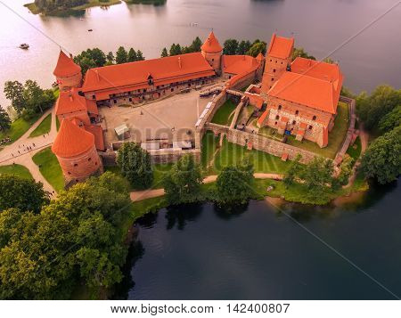 Trakai, Lithuania: Island Castle in the sunset. Historical residence in capital city of Grand Duchy of Lithuania, located in Galve lake