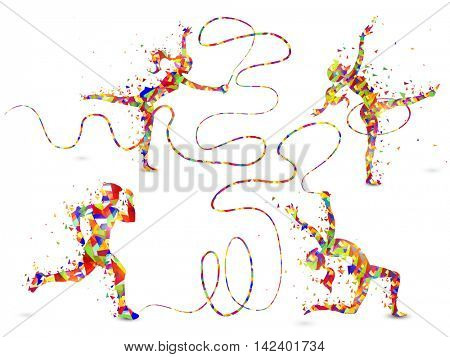 Colorful abstract illustration of people doing Gymnastics with Ribbon and Hoop on white background for Sports concept.