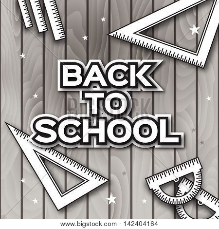 Black and white Triangle and Protractor Ruler with origami Back to school paper cut title. Office Supply Objects on wooden table background. Vector illustration.
