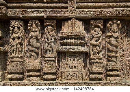 Intricately sculpted wall panel at Sun Temple in Konark Odisha (Orrissa) India Asia
