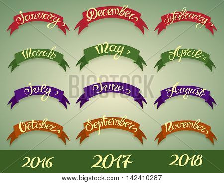 Set labels with hand-drawn lettering on green background months names and namber of year. Vector illustration.