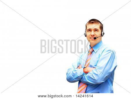 Homme d'affaires de bonheur dans headphoness isolé sur fond blanc