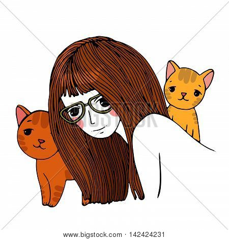 Beautiful young girl and a cute little cats. Hand drawn vector on a white background. Coloring book.
