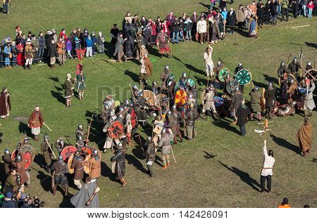 KRAKOW POLAND - MARCH 29 2016: Unidentified participants of Rekawka - Polish tradition celebrated in Krakow on Tuesday after Easter. Currently has the character of festival historical reconstruction