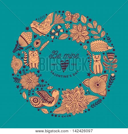 Wreath illustration made of flowers and herbs. Vector decorative frame and leaf. Spring elements. Floral doodles wreath.