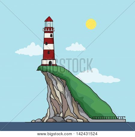 cartoon red and white Lighthouse, on a steep cliff, vector illustration
