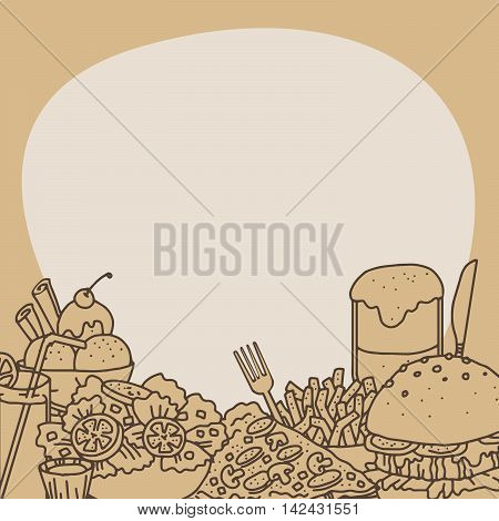 Background for your text with hand drawn fast food items at the bottom, vector illustration